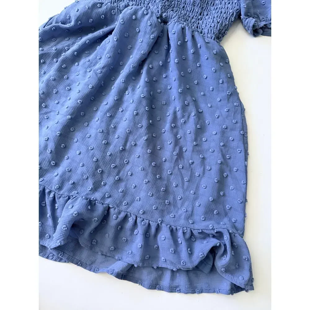 AUW Girls Blue Smocked Swiss Dot Dress Puff Sleeve Size 8
